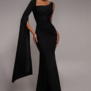Goddiva One Shoulder Cape Sleeve Maxi Dress - Black
