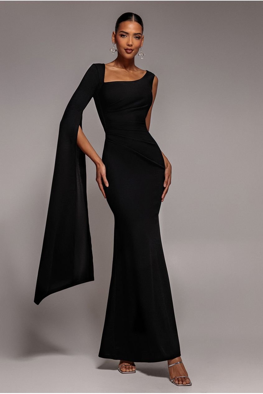 Goddiva One Shoulder Cape Sleeve Maxi Dress – Black