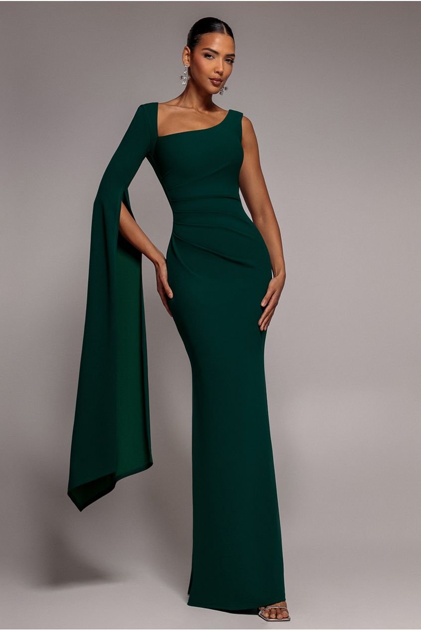 Goddiva One Shoulder Cape Sleeve Maxi Dress – Emerald Green