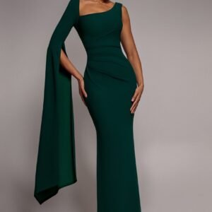 Goddiva One Shoulder Cape Sleeve Maxi Dress - Emerald Green