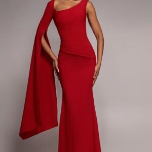 Goddiva One Shoulder Cape Sleeve Maxi Dress - Red