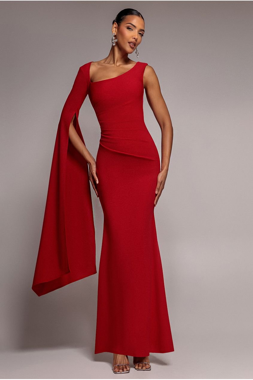 Goddiva One Shoulder Cape Sleeve Maxi Dress – Red