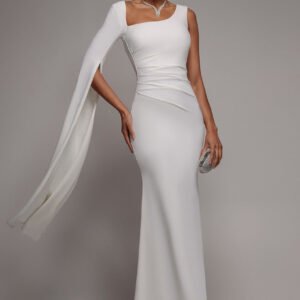 Goddiva One Shoulder Cape Sleeve Maxi Dress - White