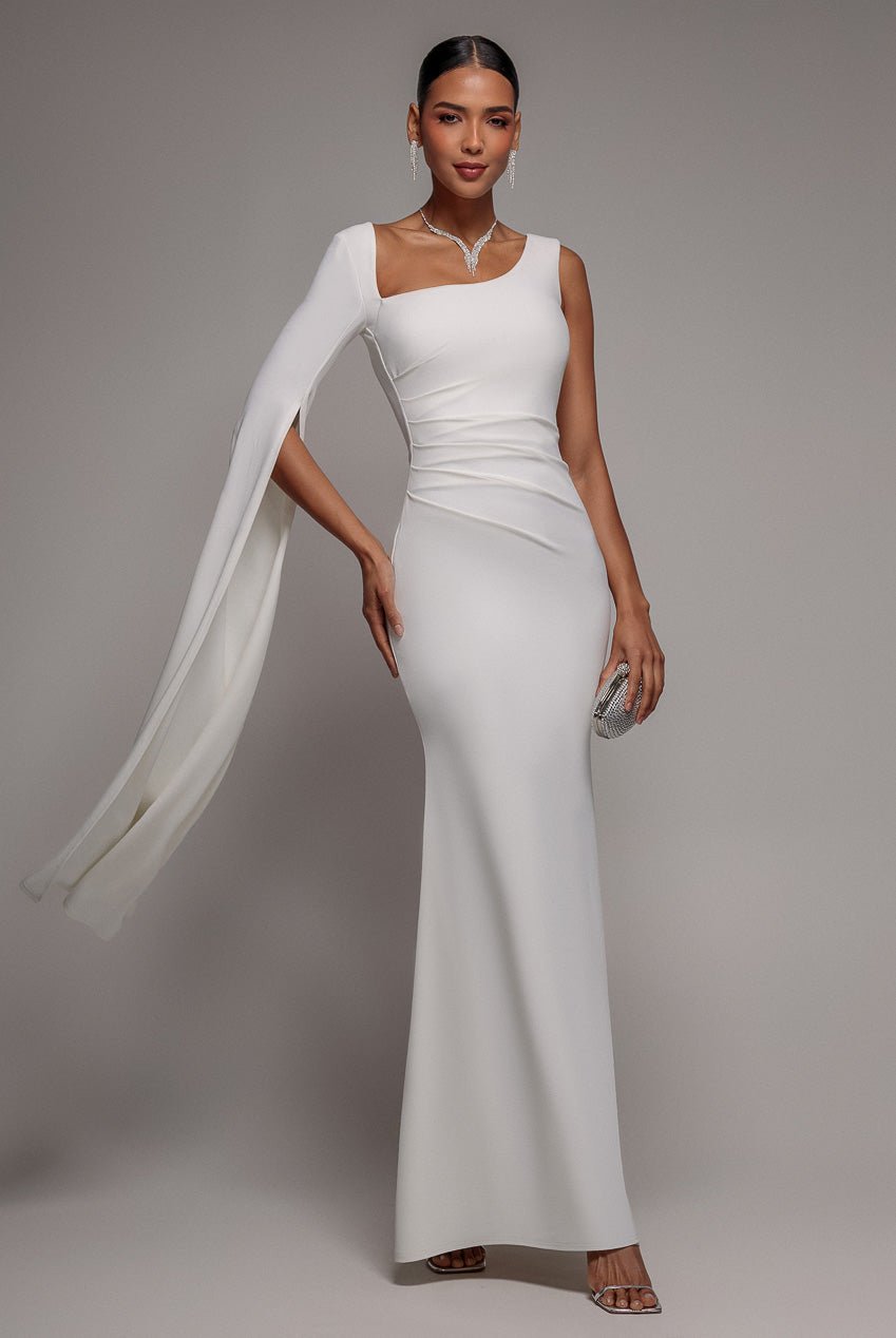 Goddiva One Shoulder Cape Sleeve Maxi Dress – White