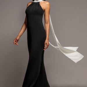 Goddiva Contrast Crepe Halterneck Maxi Dress With Sash - Black Cream