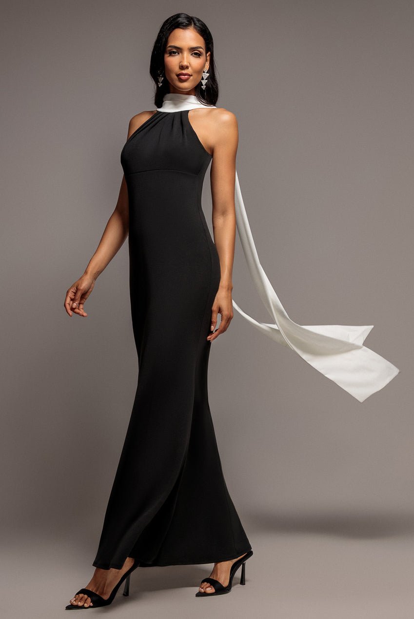 Goddiva Contrast Crepe Halterneck Maxi Dress With Sash – Black Cream
