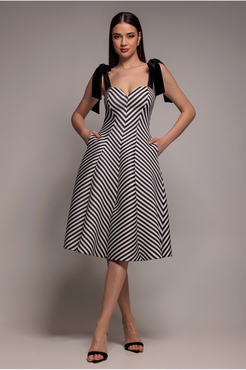 Goddiva Diagonal Stripe Velvet Bow A Line Midi Dress – Black White