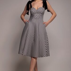 Goddiva Diagonal Stripe Velvet Bow A Line Midi Dress - Black White