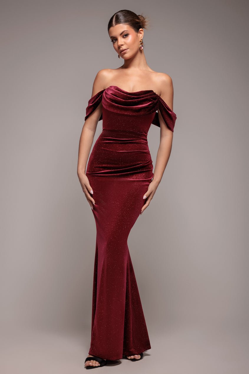 Goddiva Glitter Velvet Cowl Neck Pleated Waist Maxi Dress – Wine