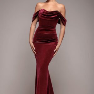 Goddiva Glitter Velvet Cowl Neck Pleated Waist Maxi Dress - Wine