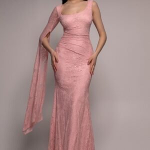 Goddiva One Shoulder Cape Sleeve Pleated Lace Maxi Dress - Blush Pink