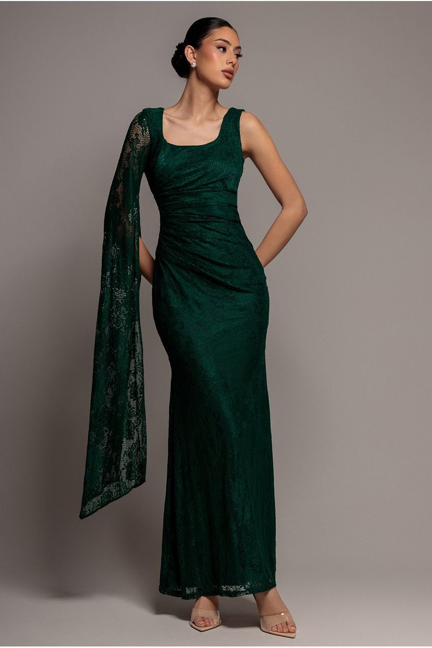 Goddiva One Shoulder Cape Sleeve Pleated Lace Maxi Dress – Emerald Green