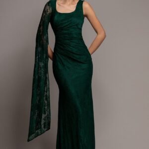 Goddiva One Shoulder Cape Sleeve Pleated Lace Maxi Dress - Emerald Green