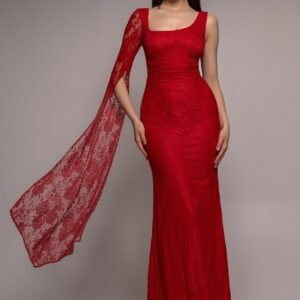 Goddiva One Shoulder Cape Sleeve Pleated Lace Maxi Dress - Red