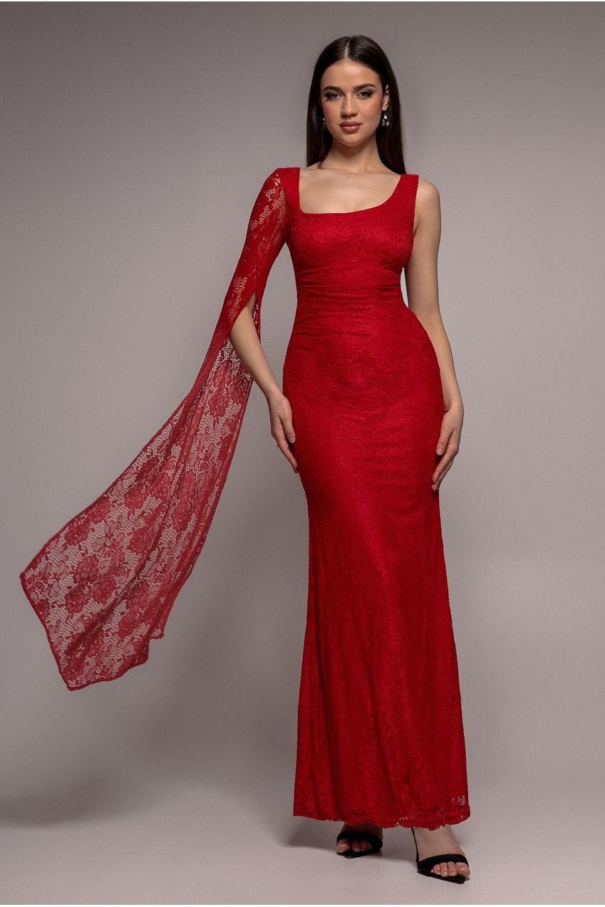 Goddiva One Shoulder Cape Sleeve Pleated Lace Maxi Dress – Red