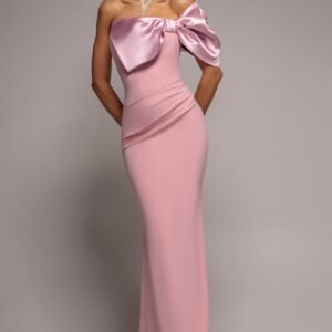 Goddiva Off The Shoulder Satin Bow Neck Maxi Dress - Blush Pink