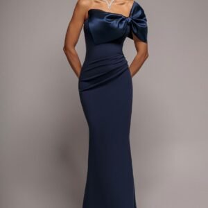 Goddiva Off The Shoulder Satin Bow Neck Maxi Dress - Navy Blue