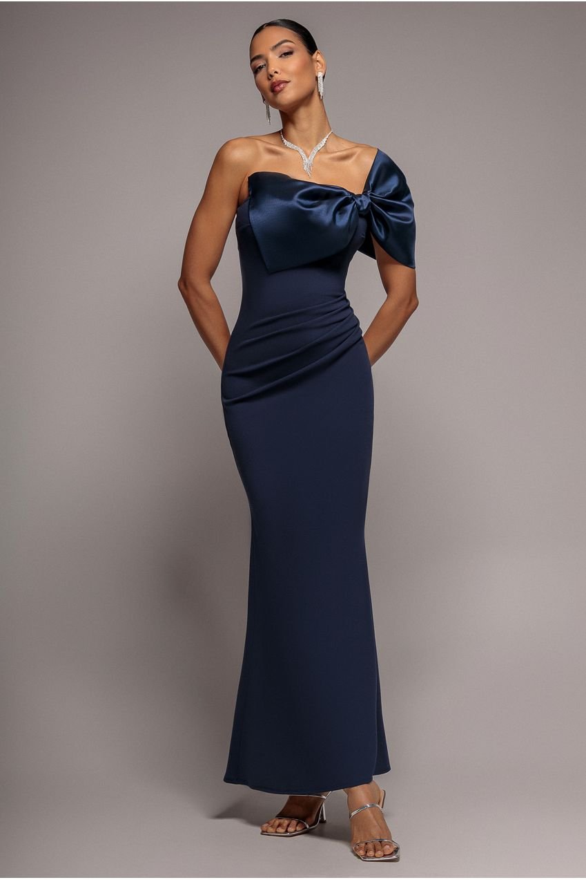 Goddiva Off The Shoulder Satin Bow Neck Maxi Dress – Navy Blue