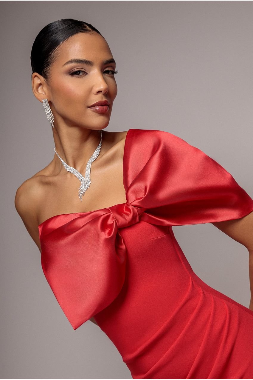 Goddiva Off The Shoulder Satin Bow Neck Maxi Dress – Red