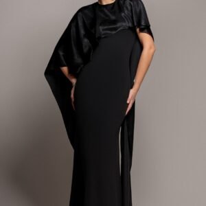 Goddiva Scoop Neck Soft Satin Cape Sleeve Maxi Dress - Black