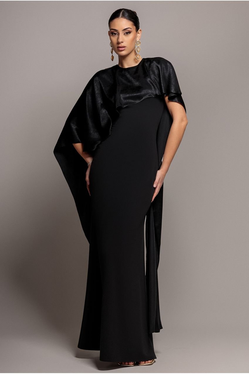 Goddiva Scoop Neck Soft Satin Cape Sleeve Maxi Dress – Black