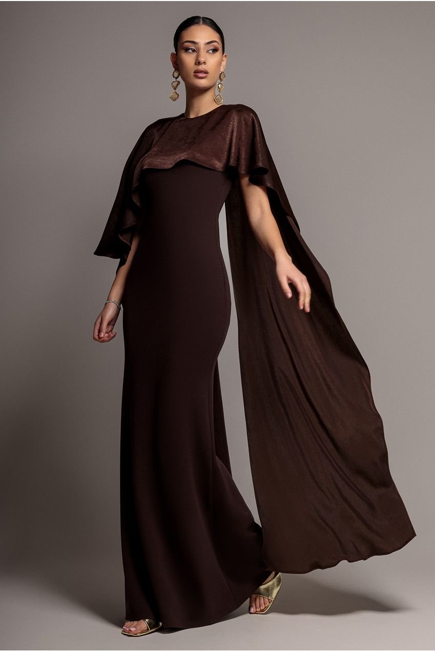 Goddiva Scoop Neck Soft Satin Cape Sleeve Maxi Dress – Brown