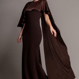 Goddiva Scoop Neck Soft Satin Cape Sleeve Maxi Dress - Brown