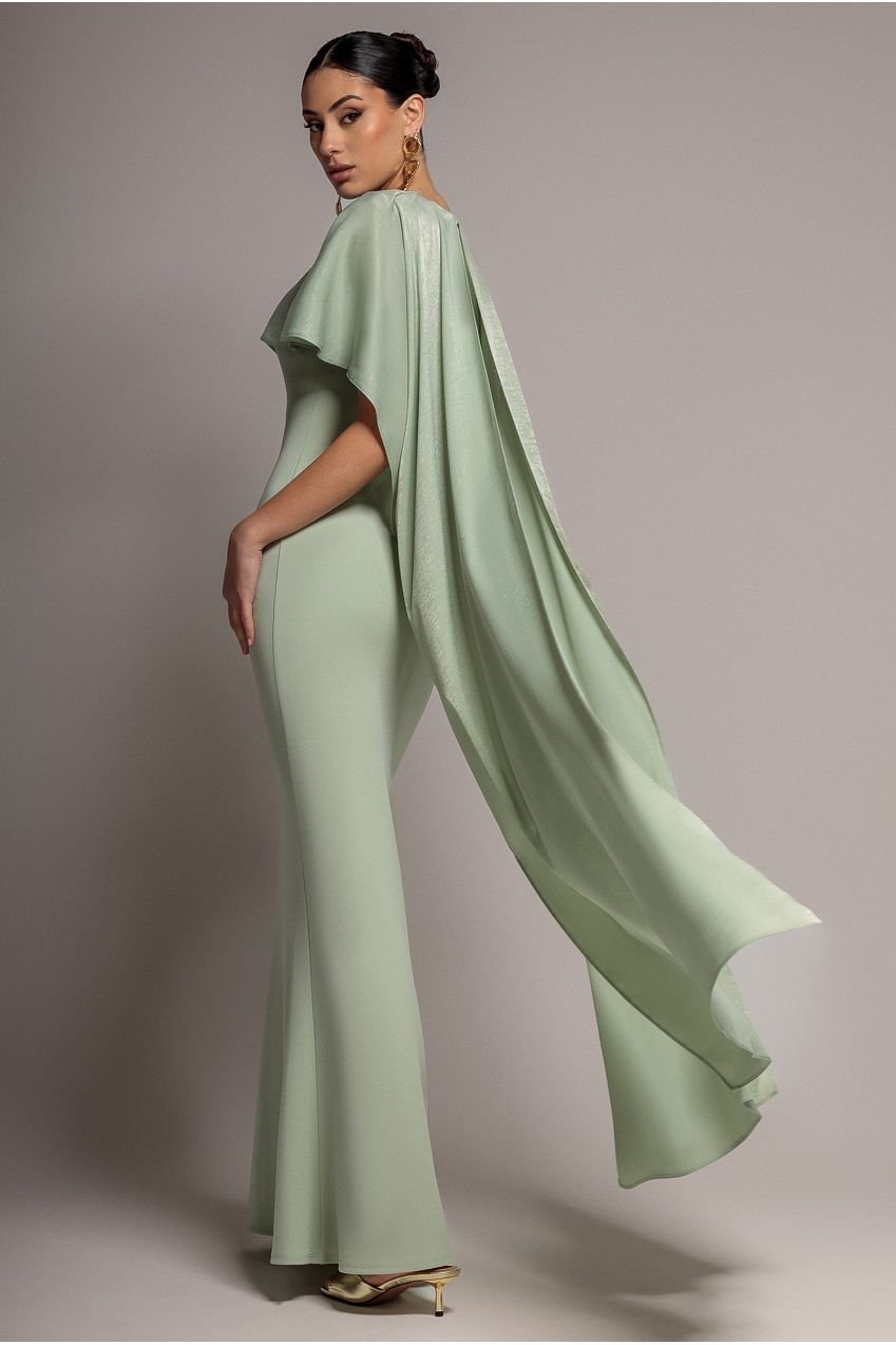 Goddiva Scoop Neck Soft Satin Cape Sleeve Maxi Dress – Sage Green