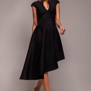 Goddiva Cap Sleeve Textured Skater Asymmetric Midi Dress - Black