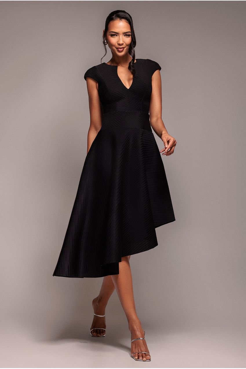 Goddiva Cap Sleeve Textured Skater Asymmetric Midi Dress – Black