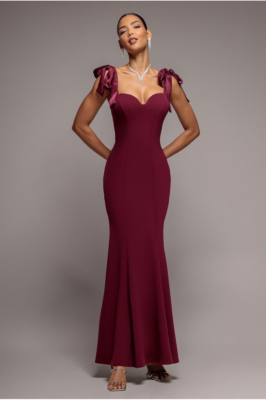 Goddiva Multiway Bow Soft Satin Sweetheart Maxi Dress – Burgundy
