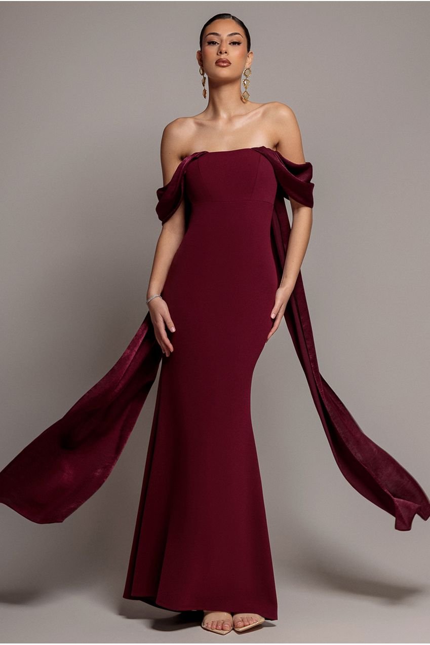 Goddiva Off Shoulder Soft Satin Wing Cape Maxi Dress – Burgundy