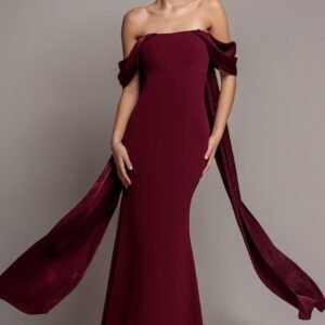 Goddiva Off Shoulder Soft Satin Wing Cape Maxi Dress - Burgundy