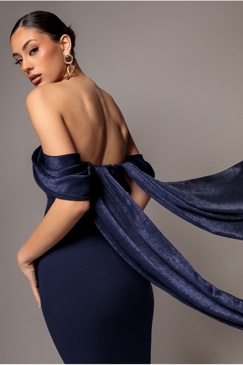 Goddiva Off Shoulder Soft Satin Wing Cape Maxi Dress – Navy Blue