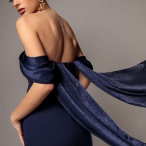 Goddiva Off Shoulder Soft Satin Wing Cape Maxi Dress - Navy Blue