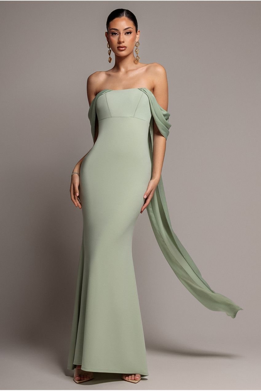 Goddiva Off Shoulder Soft Satin Wing Cape Maxi Dress – Sage Green