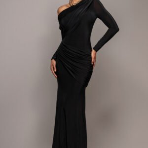 Goddiva Off Shoulder Gathered Panel Soft Touch Maxi Dress - Black