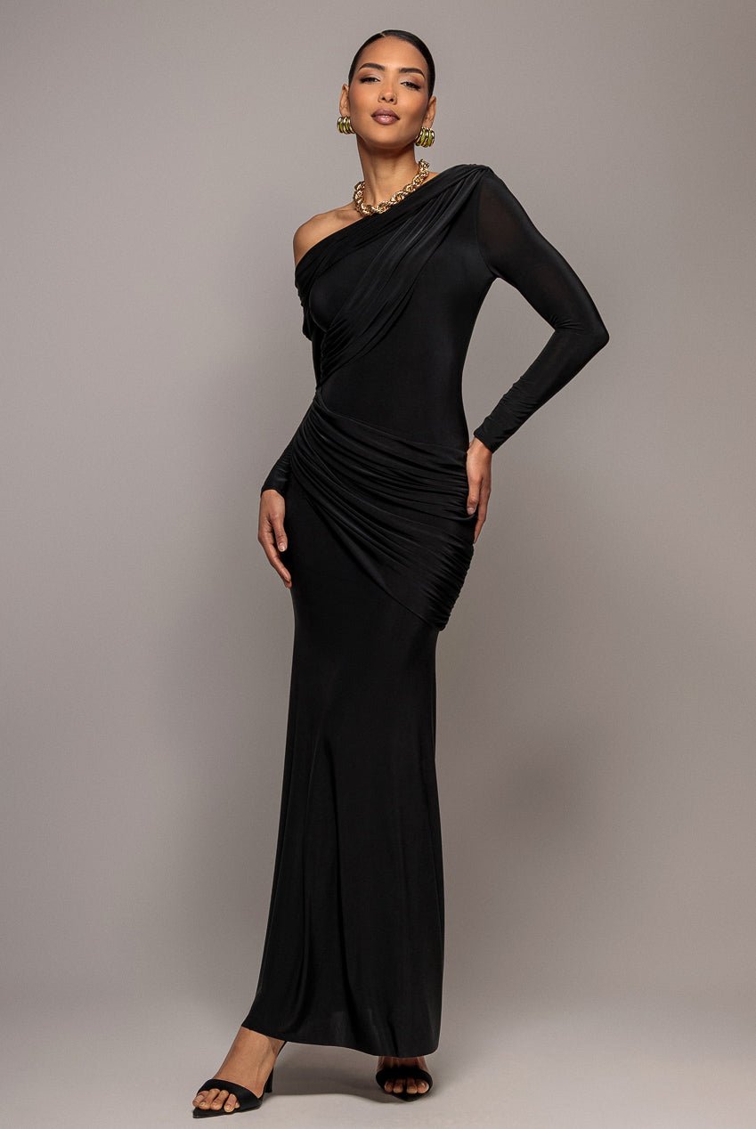 Goddiva Off Shoulder Gathered Panel Soft Touch Maxi Dress – Black