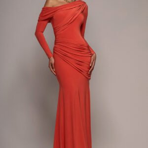 Goddiva Off Shoulder Gathered Panel Soft Touch Maxi Dress - Burnt Orange
