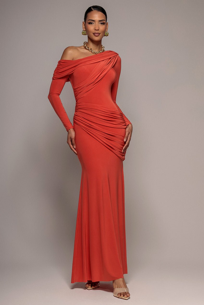 Goddiva Off Shoulder Gathered Panel Soft Touch Maxi Dress – Burnt Orange