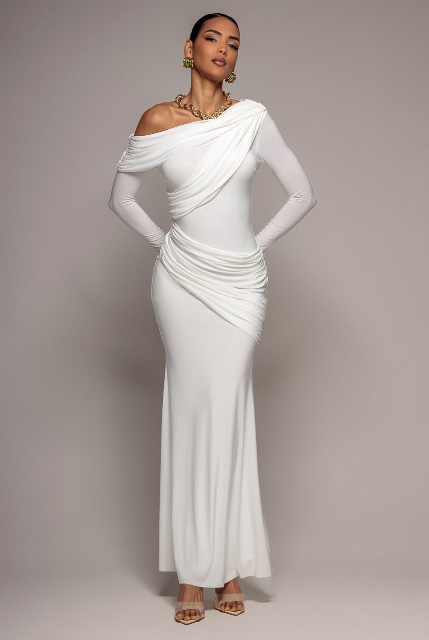 Goddiva Off Shoulder Gathered Panel Soft Touch Maxi Dress – White