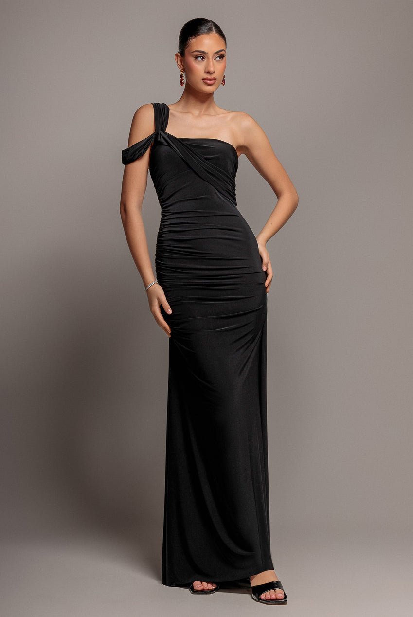 Goddiva One Shoulder Asymmetric Twist Maxi Dress – Black