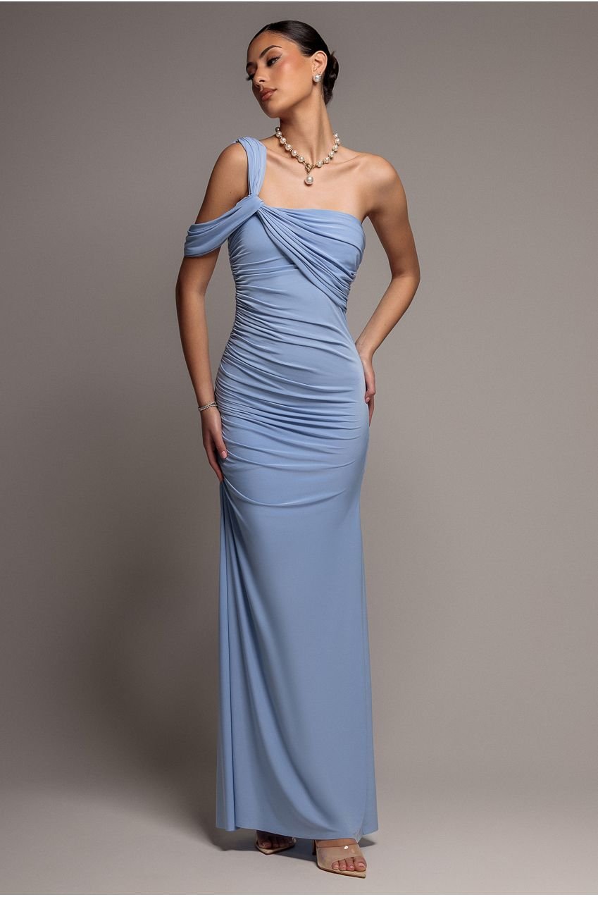 Goddiva One Shoulder Asymmetric Twist Maxi Dress – Blue
