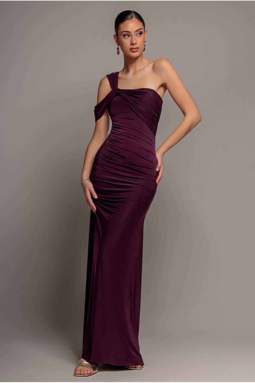 Goddiva One Shoulder Asymmetric Twist Maxi Dress – Burgundy