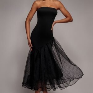 Goddiva Strapless Asymmetric Tiered Midaxi Dress - Black