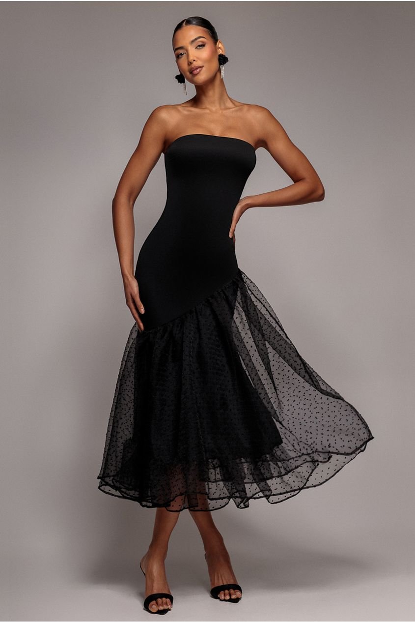 Goddiva Strapless Asymmetric Tiered Midaxi Dress – Black