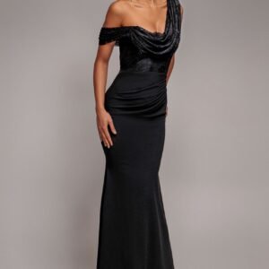 Goddiva Lace Cowl One Shoulder Scuba Crepe Maxi Dress - Black