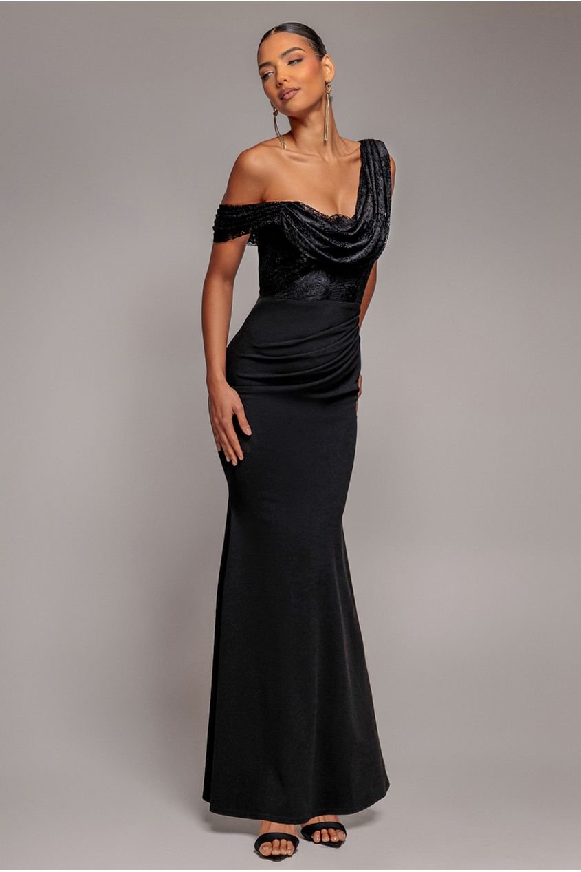 Goddiva Lace Cowl One Shoulder Scuba Crepe Maxi Dress – Black