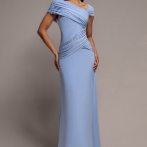 Goddiva Asymmetric Neck Gathered Waist Maxi Dress - Blue