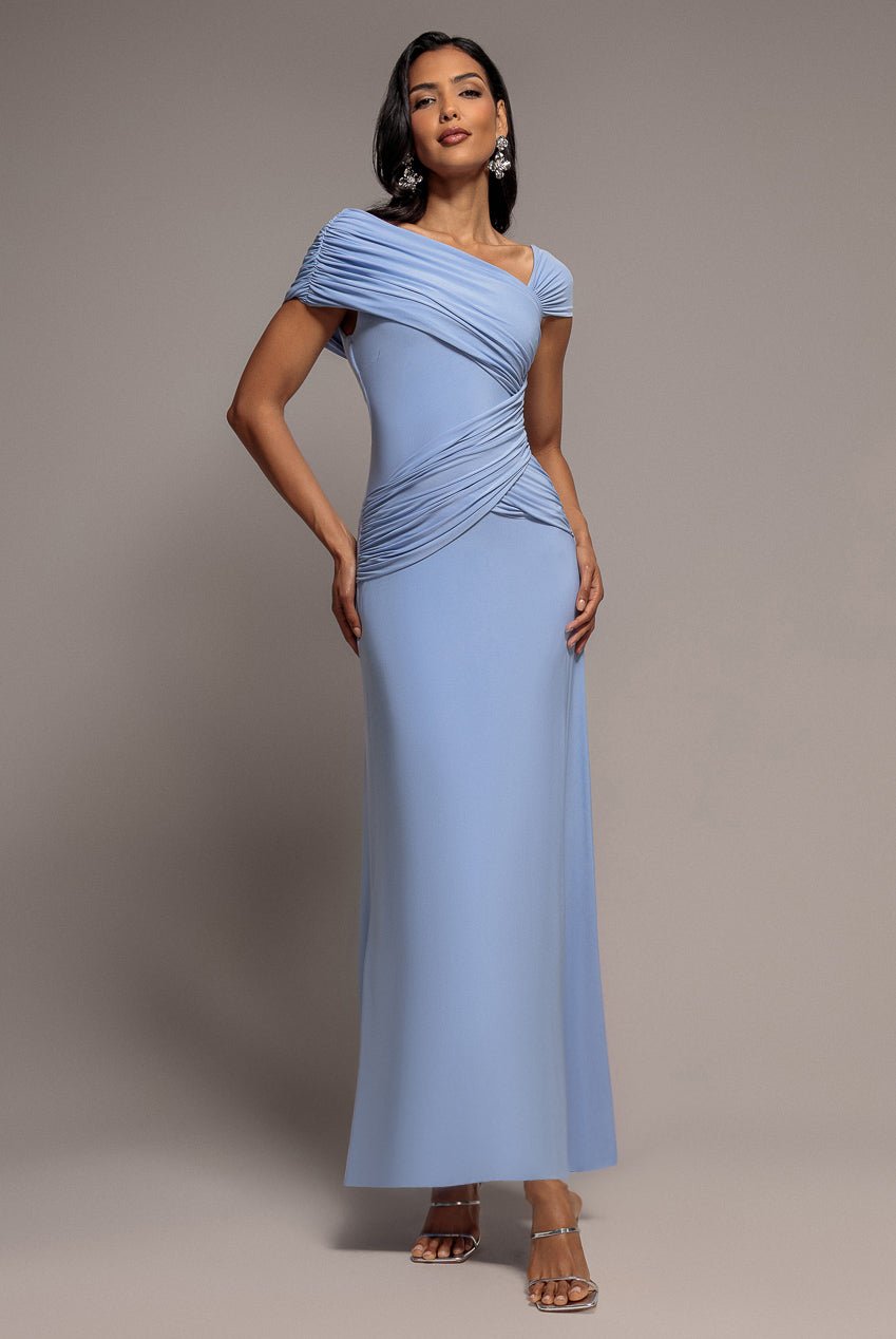 Goddiva Asymmetric Neck Gathered Waist Maxi Dress – Blue